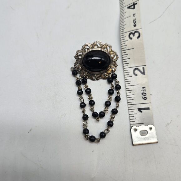Vintage Victorian Revival Brooch Gold Tone Dangle Chain Beaded Black Stone Oval - Picture 5 of 5